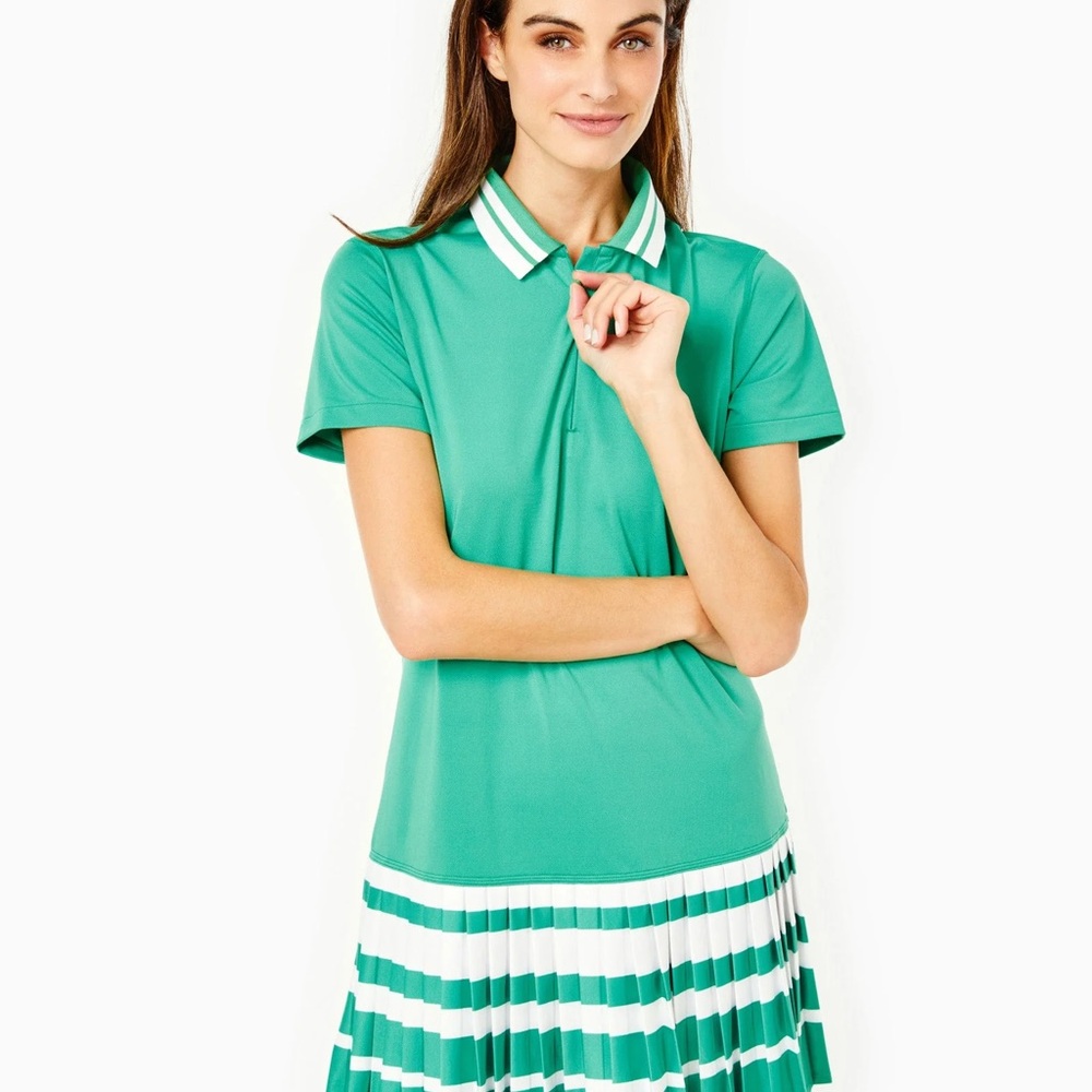 Addison Bay Green Polo Mini Dress with White Striped Pleated Skirt